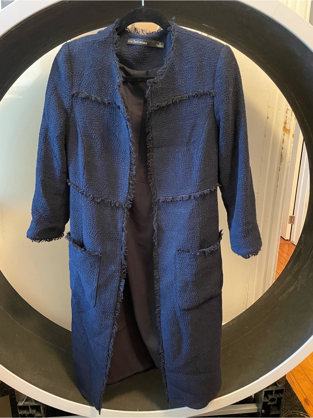 Iris Setlakwe Navy Fringe-Trim Bouclé Long Coat